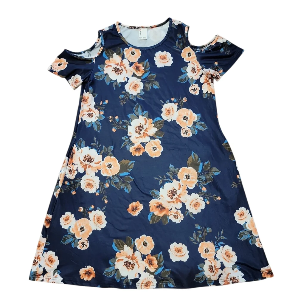 PatPat Floral Navy Blue Girls Pullover A Line Dress With Pockets Size 9-10 Years